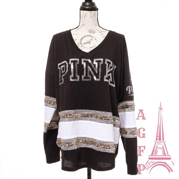 PINK Victoria's Secret Tops - PINK VS bling Logo sequin Varsity black V neck Top